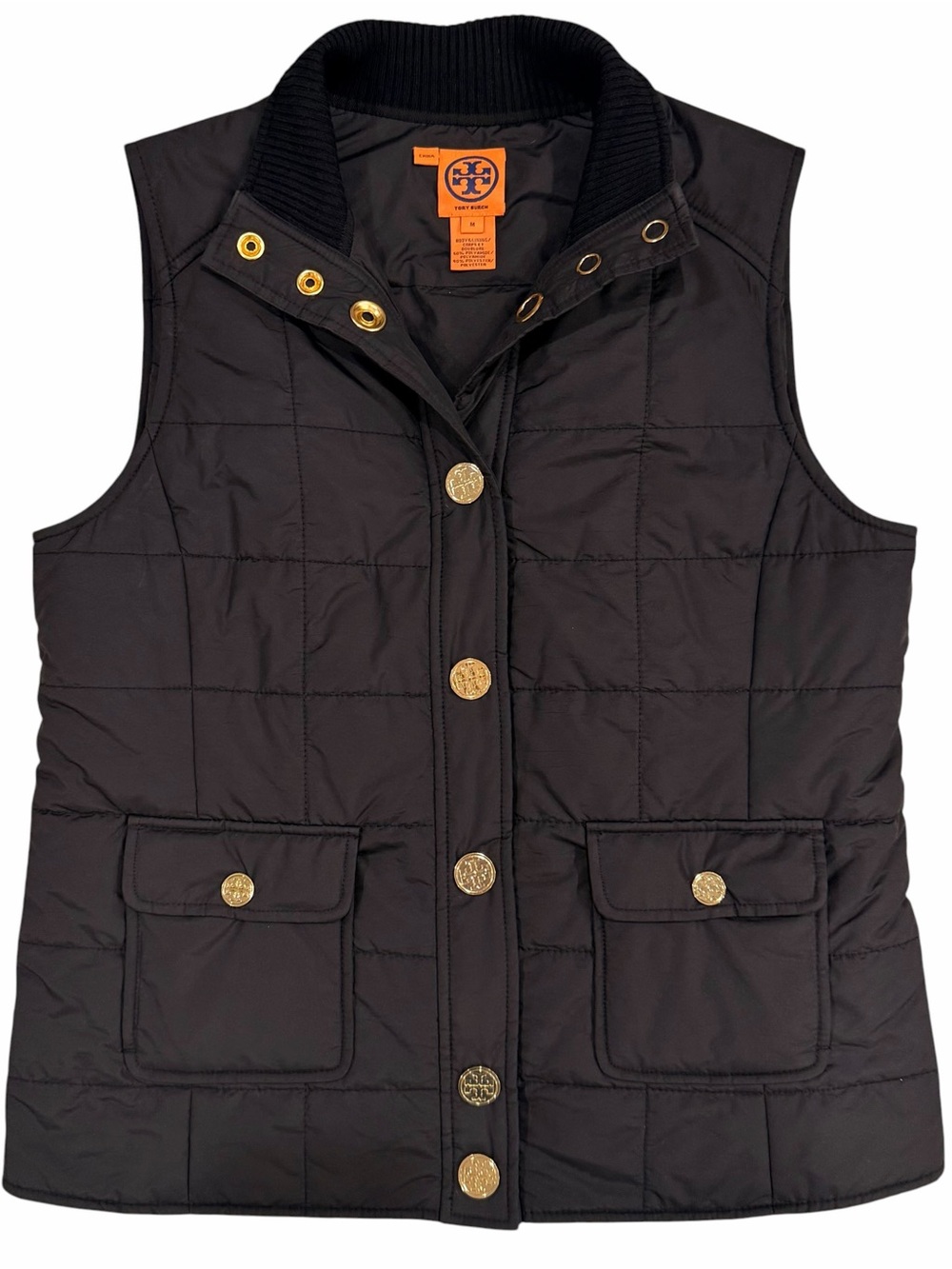 Tory Burch Black Quilted Puffer Vest with Gold Logo Snap Buttons Medium